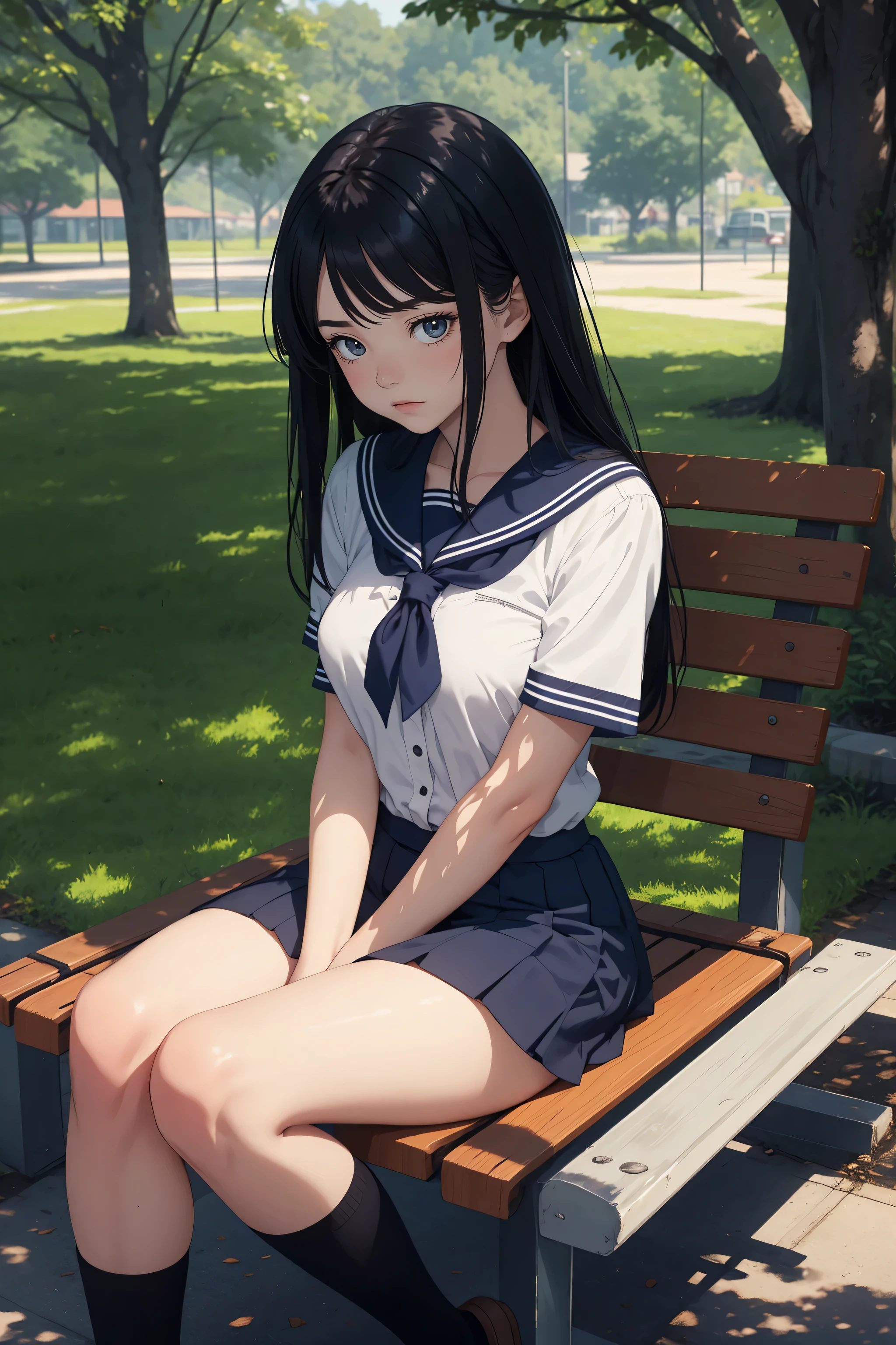 A teenage girl with long, straight black hair and a sharp, annoyed expression, sitting on a bench in a city plaza. She’s wearing a typical anime-style Japanese school uniform: a white blouse with a sailor collar, a navy blue skirt, knee-high socks, and black shoes. Her arms are crossed tightly over her chest, and her posture is slouched as she exudes a capricious, frustrated aura. The background is a peaceful anime-style park with soft sunlight filtering through the trees. Her mood stands in stark contrast to the calm surroundings, her eyes sharp and her face displaying her irritation. The scene has a soft, pastel color palette typical of anime environments.