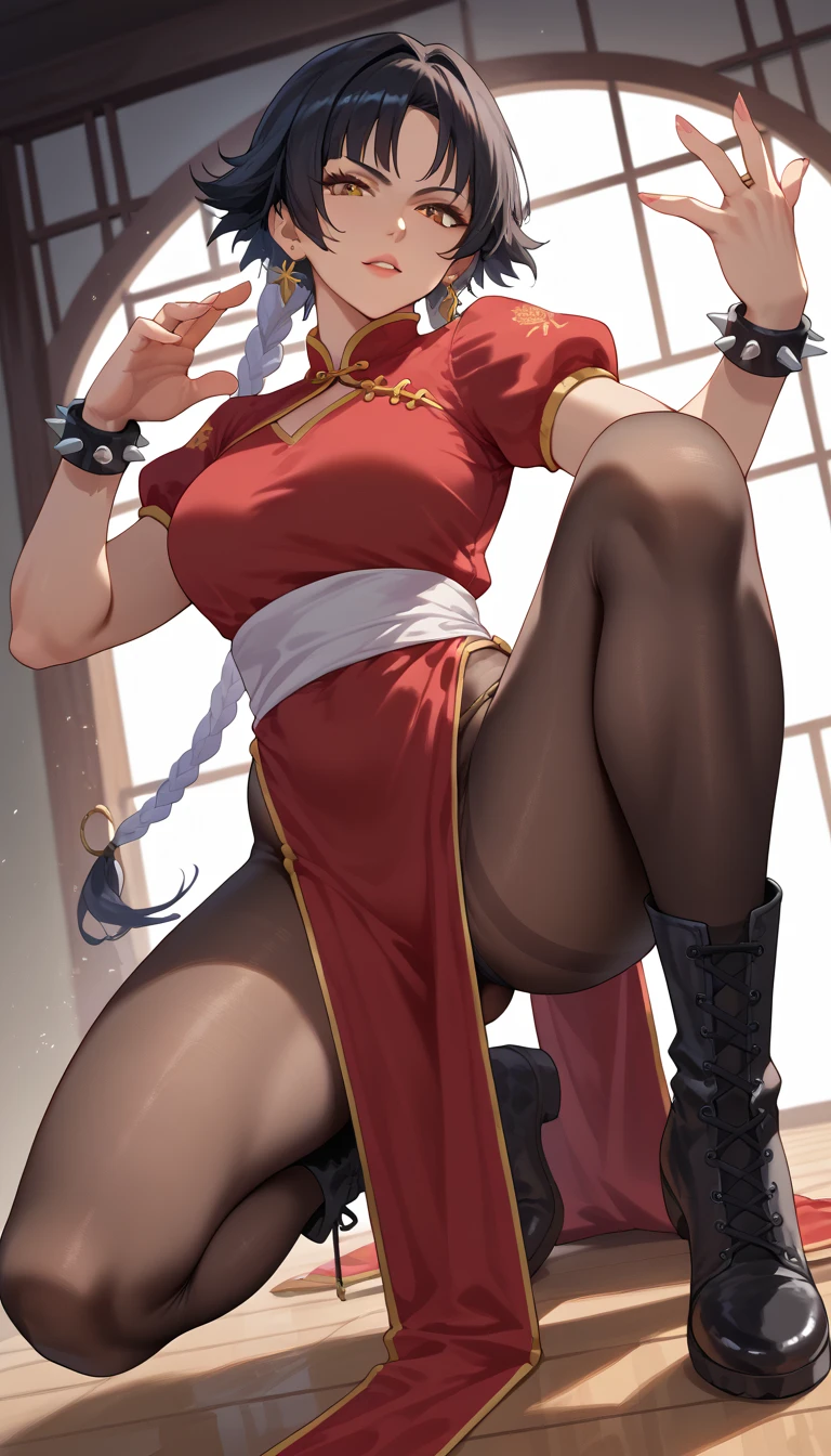 Mature woman, milf, Black hair, Fitgirl, Mature female, ultra-high definition image, absurd res, looking at viewer, BREAK, 
source_anime,medium breasts, BREAK, 1girl, breasts, soifon, 1girl,  jewelry, solo, bracelet, spiked_bracelet, pantyhose, chinese_clothes, spikes, china_dress, dress, fighting_stance, pelvic_curtain, earrings, puffy_short_sleeves, puffy_sleeves, short_sleeves, thighs, blue_dress, boots, white_footwear, sash, thick_thighs, simple_background, brown_pantyhose, looking_at_viewer, breasts, cross-laced_footwear, standing_on_one_leg, fighting_stance, one legs Lifted, standing on one leg