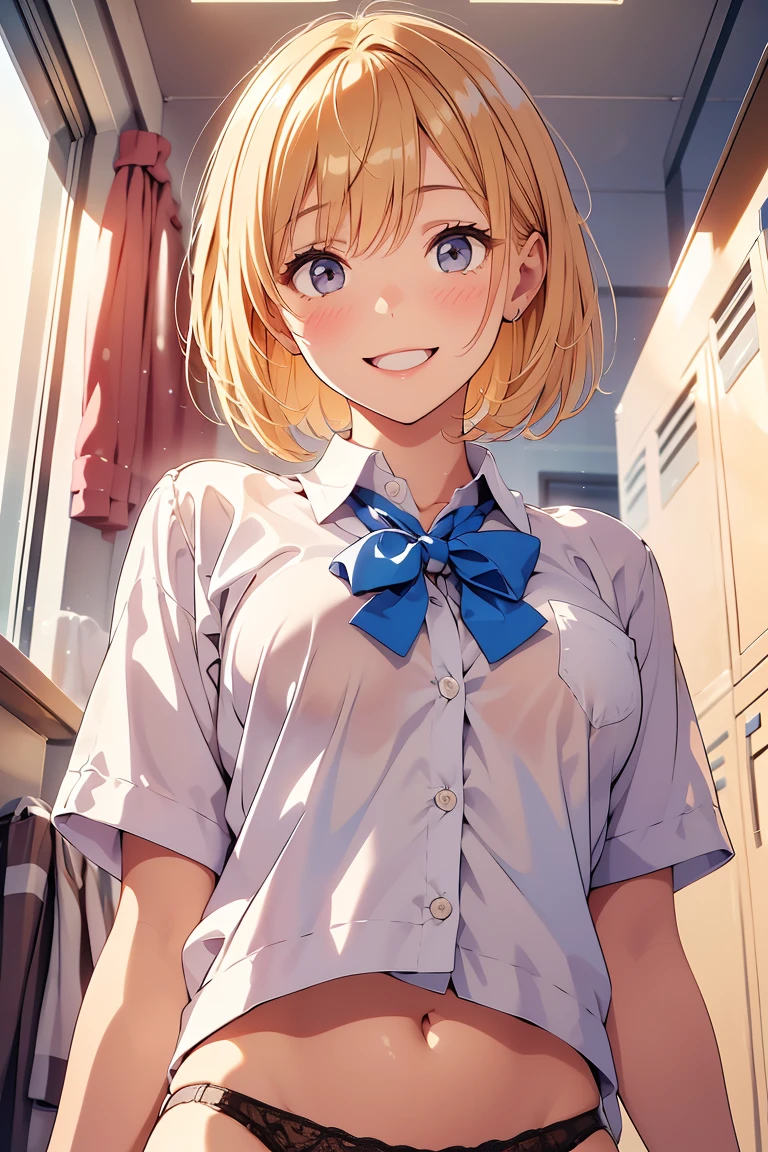 1girl,
indoor, lockerroom,
short bob hair, blonde hair, BREAK,
school uniform,
Looking down,Look at the viewer,from a ,From below,low angle shot,{{{from below:2.0}}},
Presenting Panties, Best Quality, ,absurderes, Perfect Skin, Detailed skin texture, ultra-detailliert, 8K, Intricate details, beautifull detailed face,hight resolution,
 {{{shaded face}}}, mock, smile, happy smile, open mouth, looking down at viewer, masterpiece,absurderes, beautiful detailed face,sigh