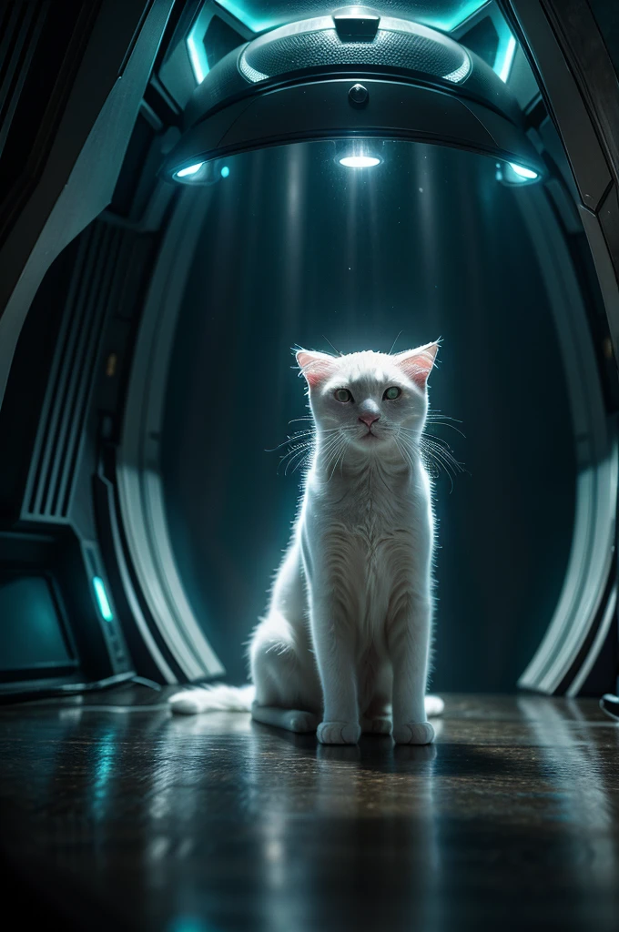 A white cat in a parallel universe, hyper detailed, cinematic, dramatic lighting, intricate sci-fi environment, neon lights, floating islands, alien architecture, glowing crystals, volumetric fog, futuristic, highly detailed, photorealistic, 8k, masterpiece, award winning, cinematic composition, dramatic angles, mood lighting, epic scale, sense of wonder, awe-inspiring