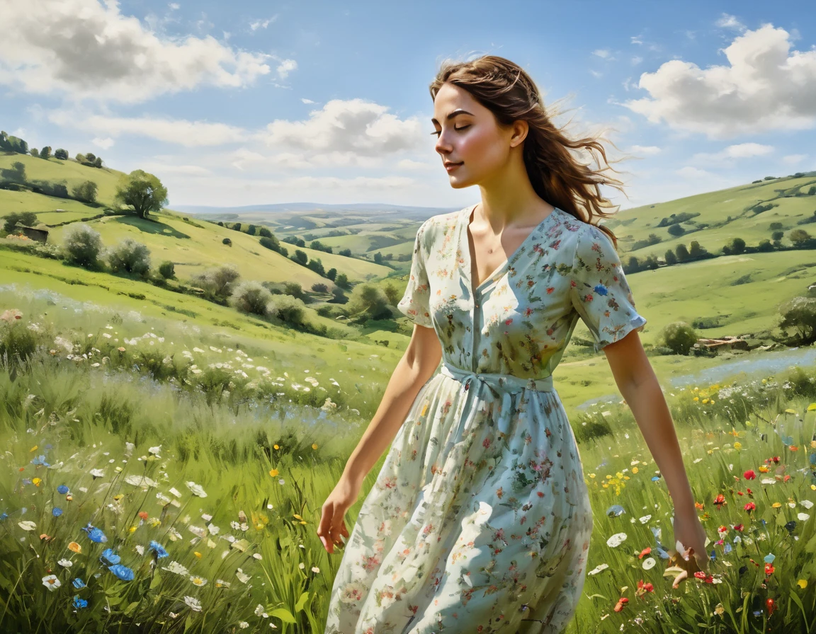 A pastoral idyll, a serene countryside scene, 1girl, a young woman in a floral dress standing in a lush green meadow, surrounded by blooming wildflowers, with rolling hills and a clear blue sky in the background, a gentle breeze blowing through her hair, soft natural lighting, delicate and elegant, cinematic composition, warm color tones, (best quality,4k,highres,masterpiece:1.2),ultra-detailed,(photorealistic:1.37),oil painting, intricate details, vibrant colors, natural landscape, serene and peaceful atmosphere