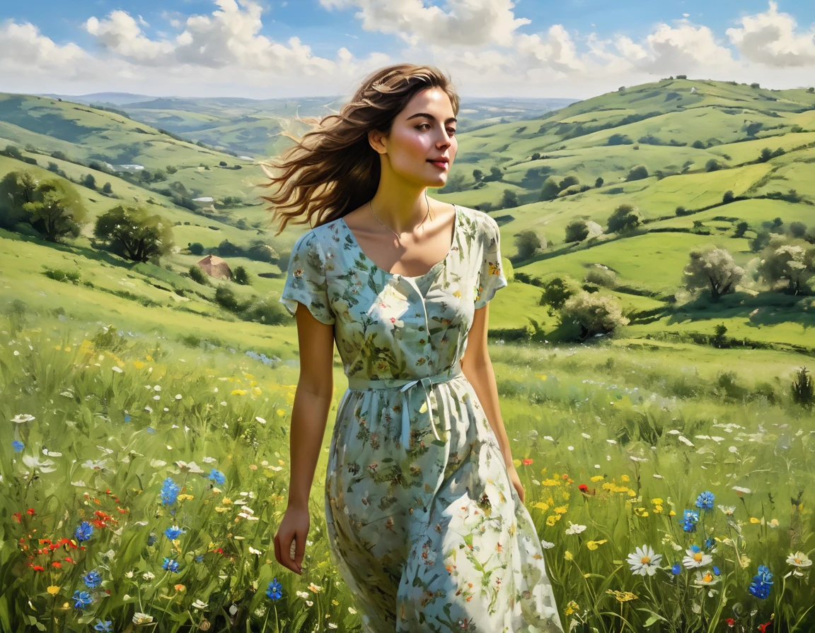 A pastoral idyll, a serene countryside scene, 1girl, a young woman in a floral dress standing in a lush green meadow, surrounded by blooming wildflowers, with rolling hills and a clear blue sky in the background, a gentle breeze blowing through her hair, soft natural lighting, delicate and elegant, cinematic composition, warm color tones, (best quality,4k,highres,masterpiece:1.2),ultra-detailed,(photorealistic:1.37),oil painting, intricate details, vibrant colors, natural landscape, serene and peaceful atmosphere