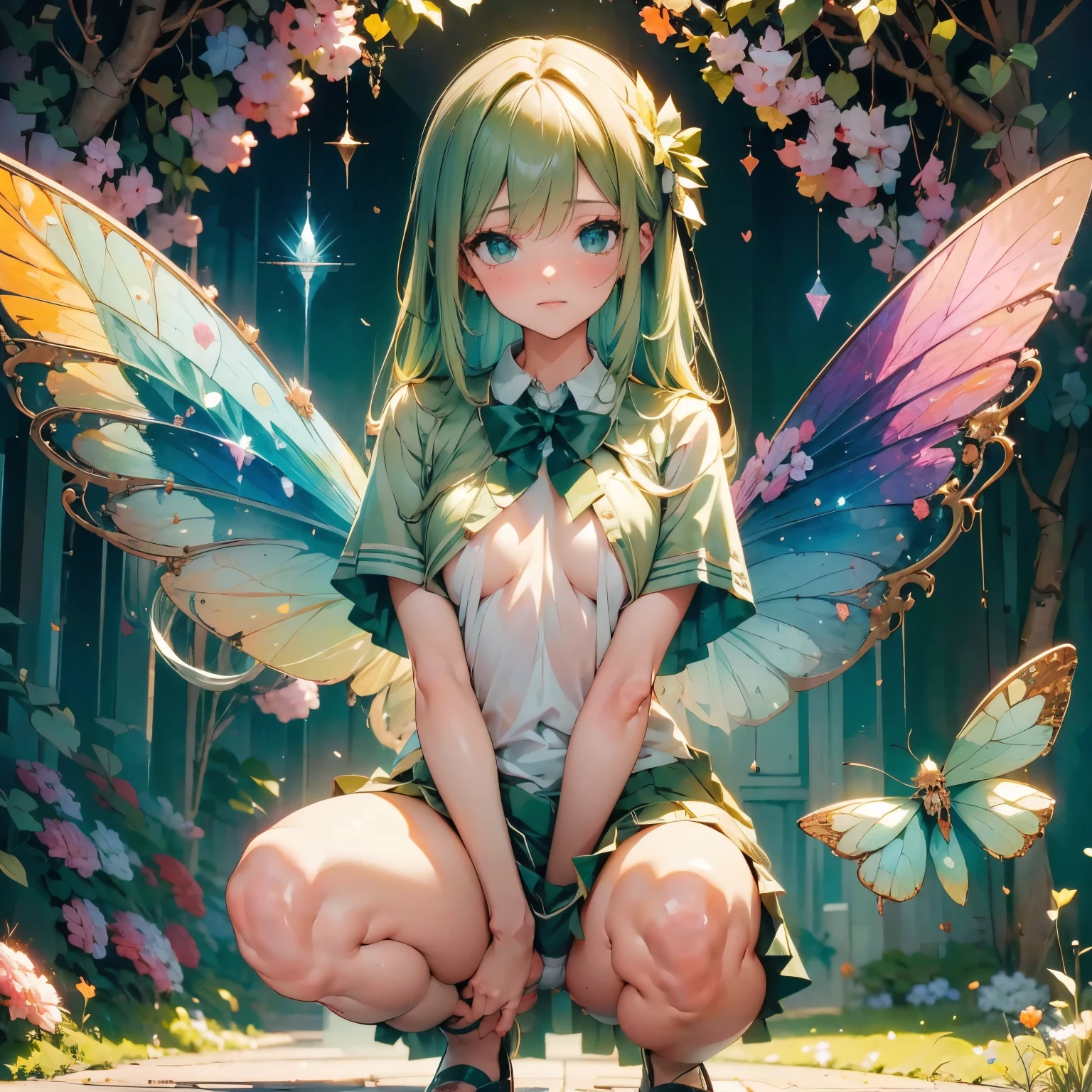 (masterpiece,  best quality,  ultra high resolution,  super detailed:1.3), ,I'm urinating from my genitals , 1 cute fairy girl ,,I'm urinating from my genitals ,Ideal Body Ratio  , Long green hair ,  lower body naked,I'm urinating from my genitals ,It's injecting pee vigorously, large holographic colored wings of swallowtail butterflies  ,  camel toe, Clothes with hidden nipples  , aurora reflection metallic luster light green shining clothes,Round eyes ,The background is a fantastic spectacular aurora shower , squatting with crotch open,Expanding the crotch, not wearing panties, lower body naked, I have green and transparent urine from my genitals , pees,,I'm urinating from my genitals ,