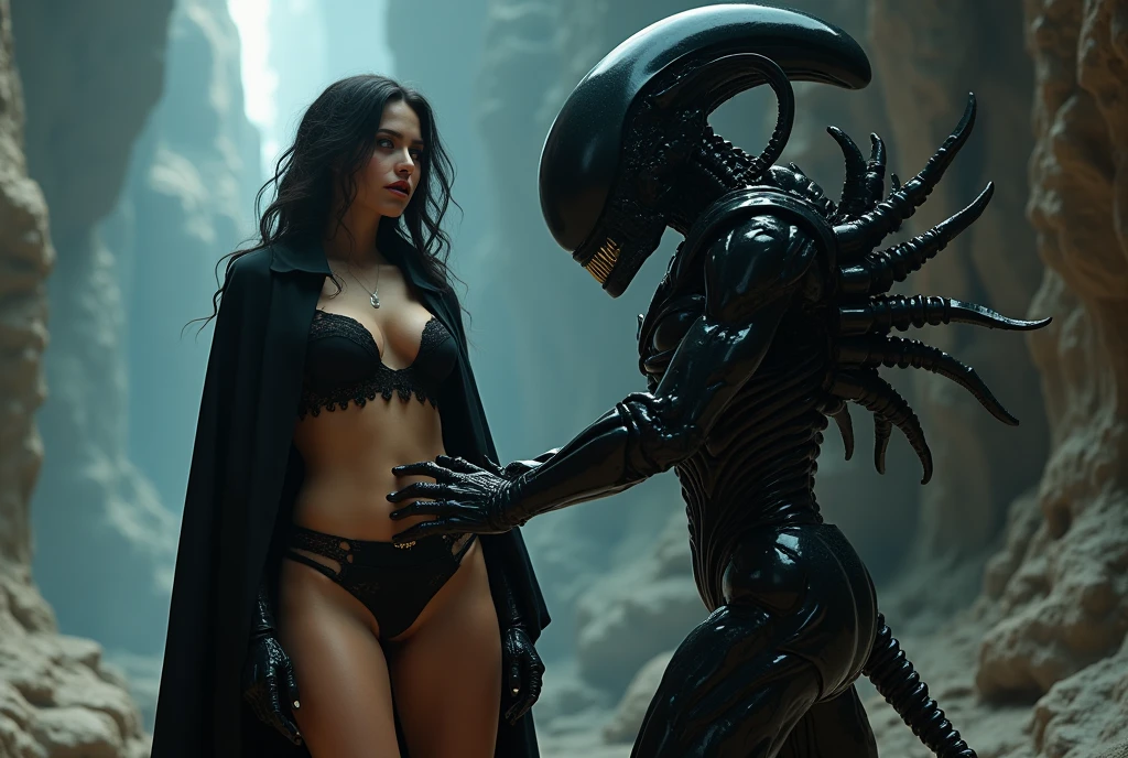 close-up, full length,absolutely naked  mexican girl hugs the alien humanoid  from another planet , flirt,sexy, ultra high quality detailing