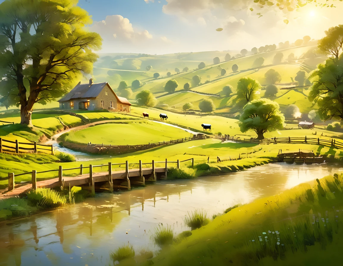 A serene pastoral landscape, a picturesque country scene, rolling hills, lush green meadows, a tranquil stream, a wooden bridge, a small cottage, a family of farmers working the land, a flock of sheep grazing peacefully, warm golden sunlight, soft hazy atmosphere, masterpiece, cinematic lighting, vivid colors, vibrant, serene, beautiful, idyllic