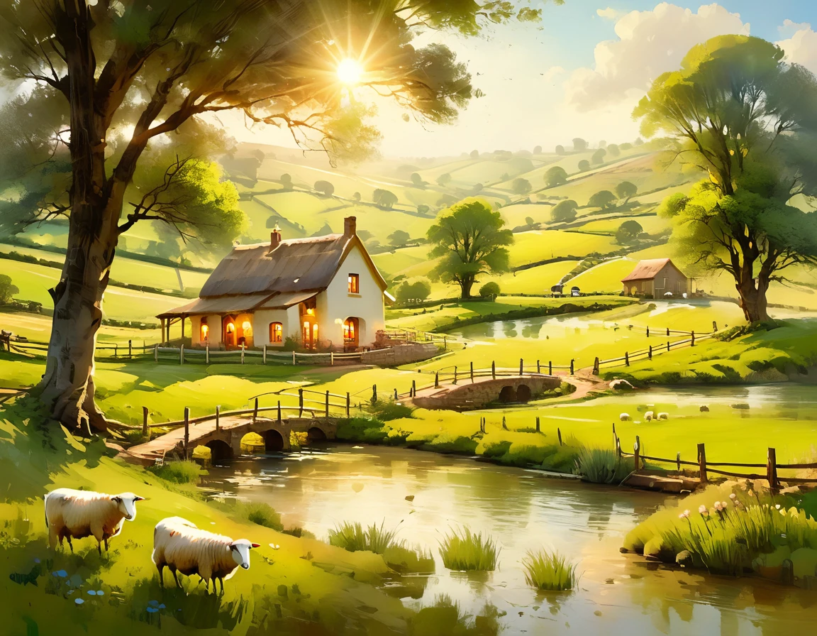 A serene pastoral landscape, a picturesque country scene, rolling hills, lush green meadows, a tranquil stream, a wooden bridge, a small cottage, a family of farmers working the land, a flock of sheep grazing peacefully, warm golden sunlight, soft hazy atmosphere, masterpiece, cinematic lighting, vivid colors, vibrant, serene, beautiful, idyllic