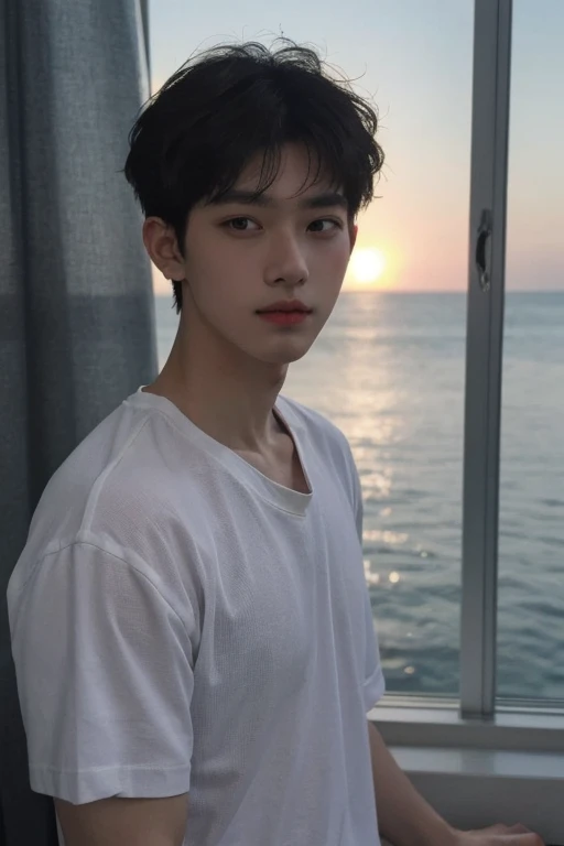 masterpiece，Ultra-high resolution，（Reality：1.4），Bust photo，1 boy，In the dark night，Depth Shadows，Low pitch，Cold Light，Handsome, extraordinary，detail，18 years old，Emotional，The face is very clear，By the window，White curtains，seaside，Sunset
