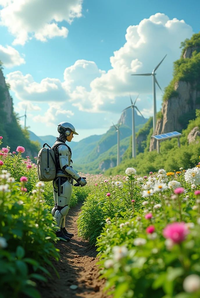 A serene countryside landscape with rolling hills and lush greenery, featuring a realistic farmer resembling Django Fett, wearing a weathered hat and holding a pitchfork, under a bright blue sky with fluffy white clouds, vibrant flowers in the foreground, warm sunlight illuminating the scene, 4k resolution, highly detailed.、masterpiece,best quality,ultra detailed,8k portrait,highly detailed,highly detailed background