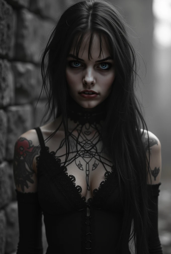 Stunningly gorgeous beautiful perfect hr giger tattooed sexy seductive demonic girl, perfect face, hyper detailed neon ruby, large breasts, full body view, nude, no color black and white only