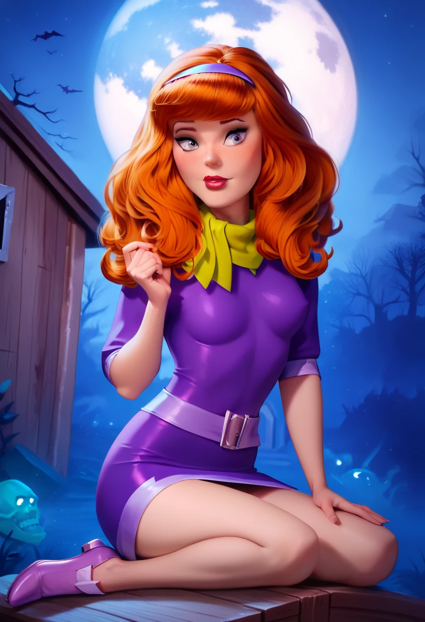 Daphne Blake-Scooby Doo ,   beautiful and delicate sexy woman  , young, Ginger hair,  violet eyes, purple mini dress, green scarf,  slim body,  small and beautiful breasts ,  small and beautiful buttocks , purple shoes, sensual, mysterious, disaster fund,  she is in a wooden house with ghosts, Dark atmosphere, full moon,   cemetery  , Evening,  High resolution,  masterpiece ,  The best quality,  very detailed,  photorealistic , realism, 