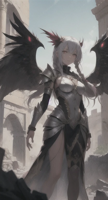 devil horns, angel wings, Halo, Glaring at viewer, slit pupils, cursed armor covered in blood, chimaera, Lilica covered in blood, medieval, village ruins, blood everywhere,