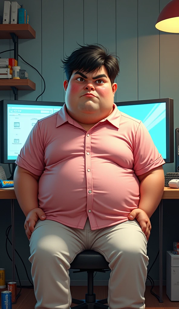 Fat boy at the computer, slob