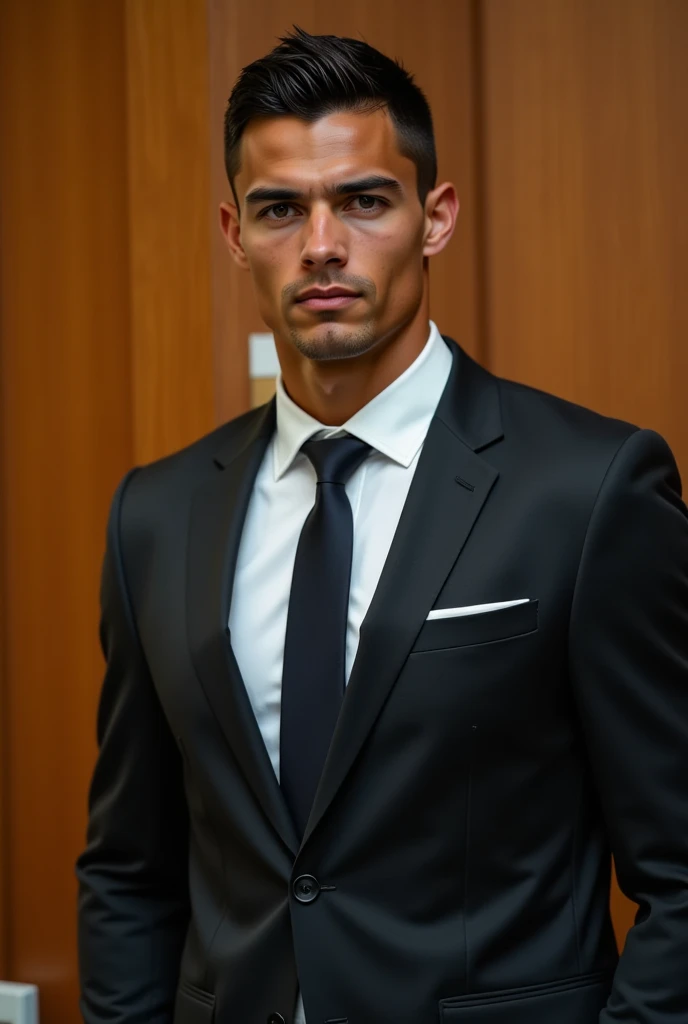 Ronaldo in a suit with a stern expression in a boardroom.