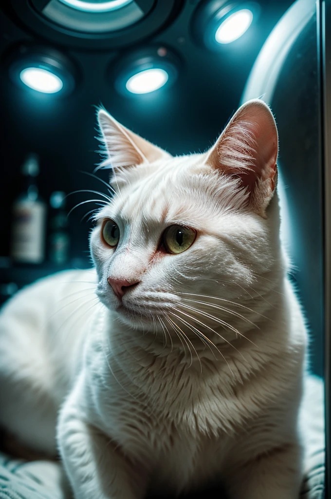 A close-up portrait of a white cat in a parallel universe, hyper detailed, cinematic, dramatic lighting, intricate sci-fi environment, neon lights, floating islands, alien architecture, glowing crystals, volumetric fog, futuristic, highly detailed, photorealistic, 8k, masterpiece, award winning, cinematic composition, dramatic angles, mood lighting, epic scale, sense of wonder, awe-inspiring