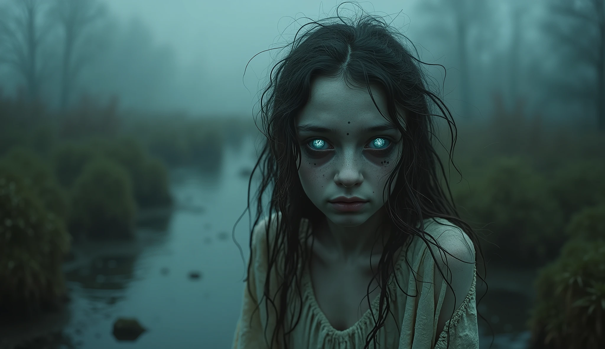 Depressed girl、Long black hair、Small Nose、Skinny body、Glowing white eyes、Thin lips、Inpatients、Upper Body、Close-up、Real、Running and approaching、Thick Fog