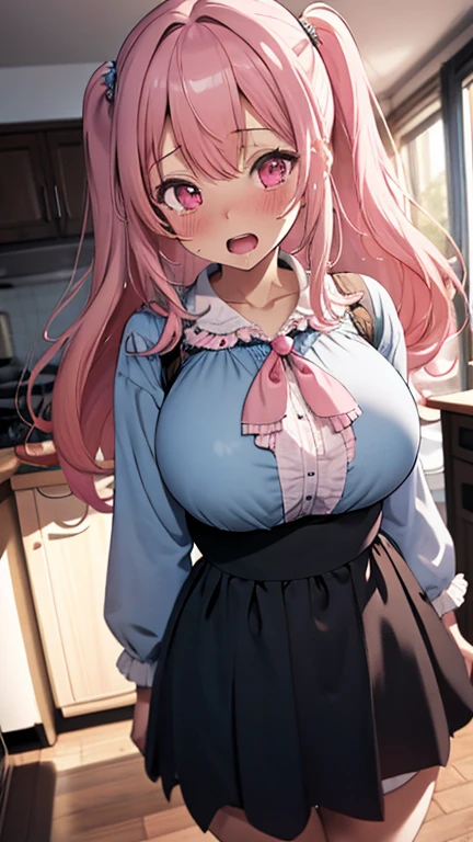 masterpiece、highest quality、Very detailed、Photograph the upper body、1 female、(Put your arms behind your back:1.2)、Are standing、Turn your body forward、View your viewers、(Old-fashioned maid outfit:1.4、Nurse cap)、blush、shy、Pink Hair、Open your mouth、Hospital corridor、Big Breasts、