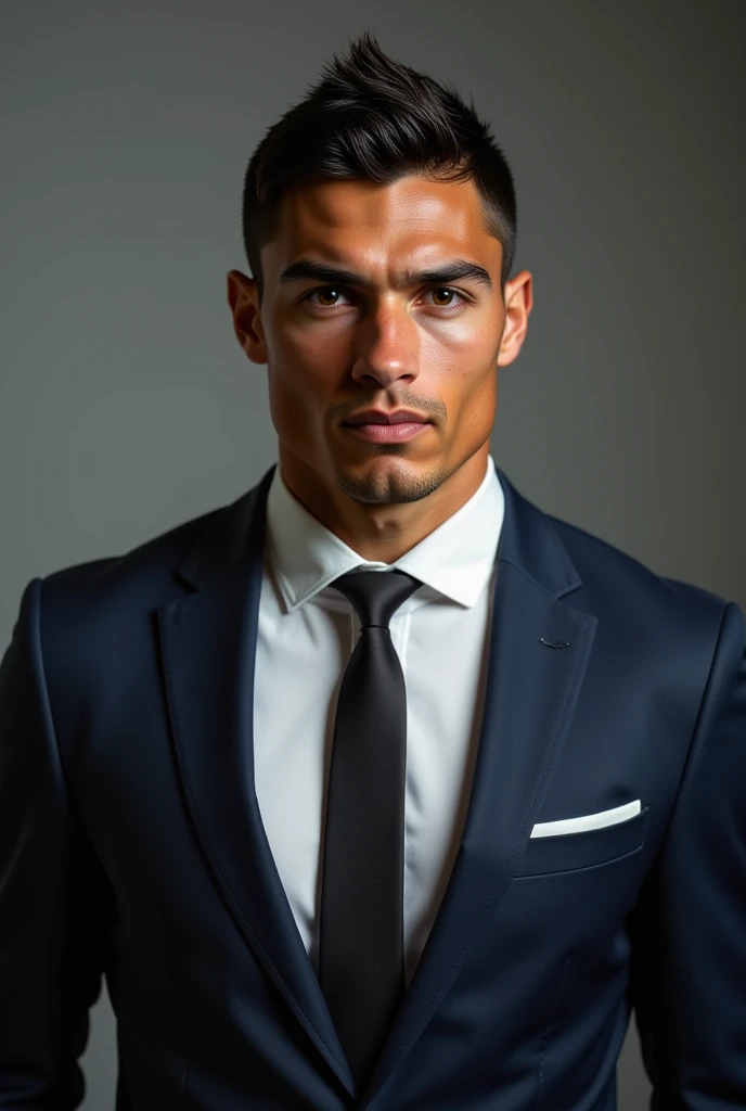 Ronaldo in a suit, extremely detailed skin, full of emotion with an angry face in a boardroom.