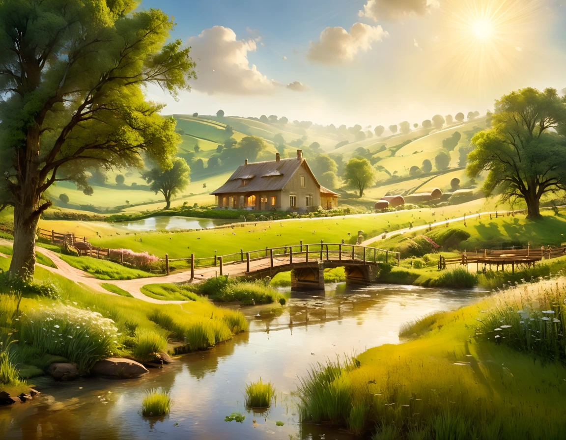 A serene pastoral landscape, a picturesque country scene, rolling hills, lush green meadows, a tranquil stream, a wooden bridge, a small cottage, a family of farmers working the land, a flock of sheep grazing peacefully, warm golden sunlight, soft hazy atmosphere, masterpiece, cinematic lighting, vivid colors, vibrant, serene, beautiful, idyllic