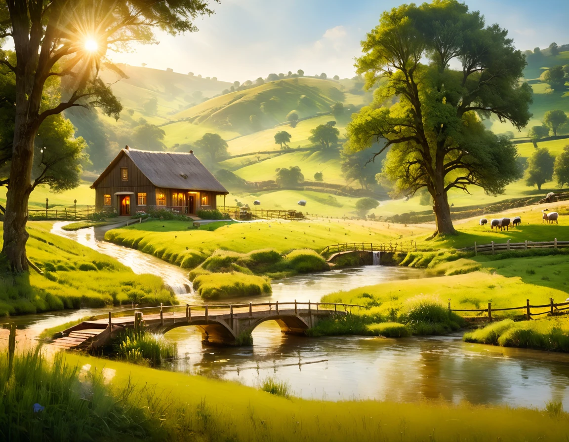 A serene pastoral landscape, a picturesque country scene, rolling hills, lush green meadows, a tranquil stream, a wooden bridge, a small cottage, a family of farmers working the land, a flock of sheep grazing peacefully, warm golden sunlight, soft hazy atmosphere, masterpiece, cinematic lighting, vivid colors, vibrant, serene, beautiful, idyllic