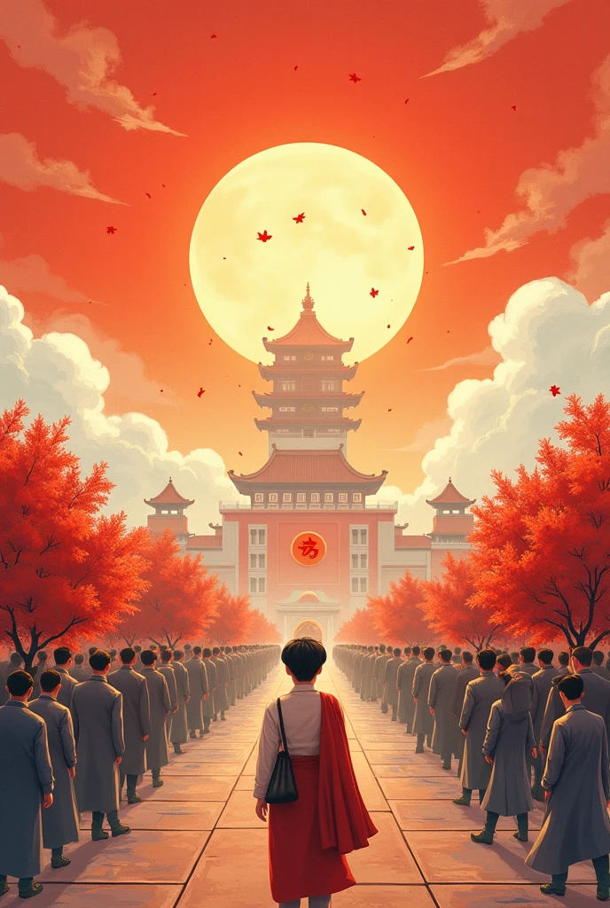 A poster centers on China's Tiananmen Square, On top is a moon, There are mooncakes and rabbits on the moon, Chinese background, No Man, Leave white space, from above, from below, high quality, UHD