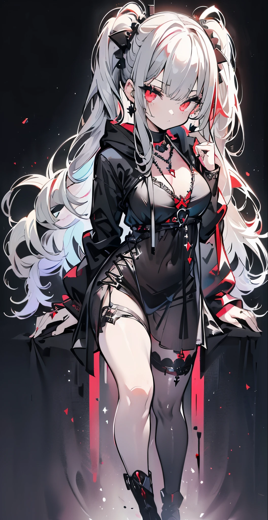 , Colossal, Twin Tails, Silver Hair, Hoodie, Vintage Gothic, gothic lingerie, salto alto preto, Pose, Cute, Face Up, High Quality, Necklace, Ring, Bracelet, Earrings, full body, (((full black and darker background com tons vermelho sangue)))