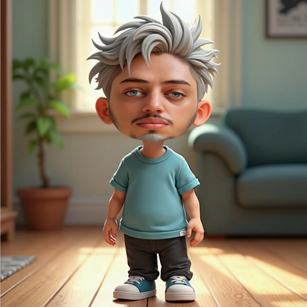 A high-resolution photo of Eeevvi Reet, in Disney pixel format, a 26-year-old white boy with short gray hair and bright green eyes, a light beard, wearing a light blue shirt, soft black pants, and white sneakers. He is looking directly at the camera with a soft and curious expression. The scene is lit with soft natural light, highlighting the details of his face and clothing. In the background, a simple, blurred scene is used to keep the focus on Eevi. The style of the photo is realistic, capturing every detail of his appearance and emotions.