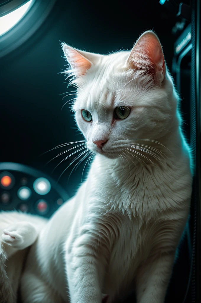 A close-up portrait of a white cat in a parallel universe, hyper detailed, cinematic, dramatic lighting, intricate sci-fi environment, neon lights, floating islands, alien architecture, glowing crystals, volumetric fog, futuristic, highly detailed, photorealistic, 8k, masterpiece, award winning, cinematic composition, dramatic angles, mood lighting, epic scale, sense of wonder, awe-inspiring