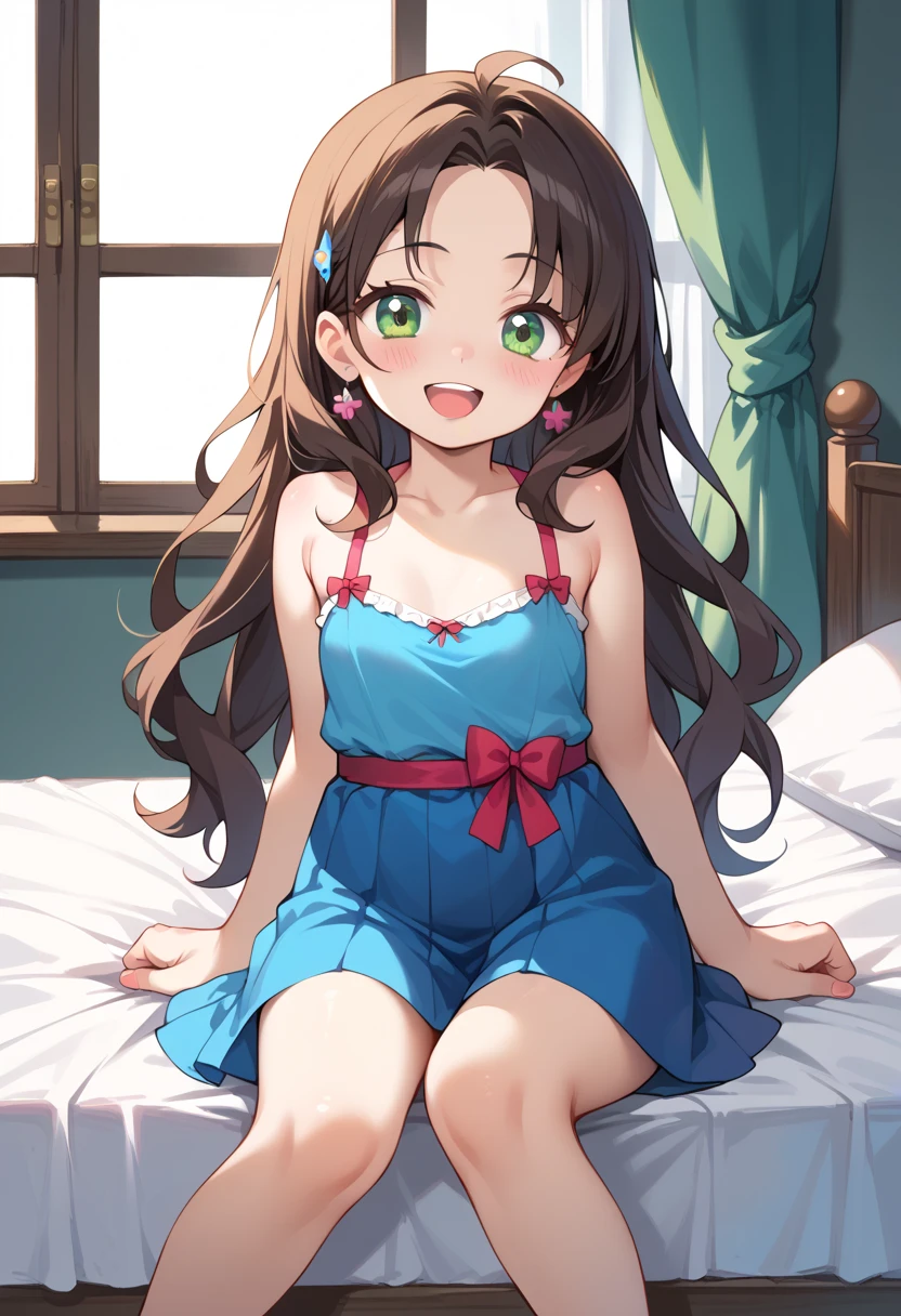 (( best quality)), ((masterpiece)), (be familiar with),  perfect face, indoor, bedroom,  viewers,
One woman,  Gamemun Neko ,
 characters with open mouth ,  ecstatic expression with hands in front of body, blush, smile,
Small breasts,  flat chested, Young girl, Lori,  ****,  girl,
 long hair,  long hair,
Leg spread,