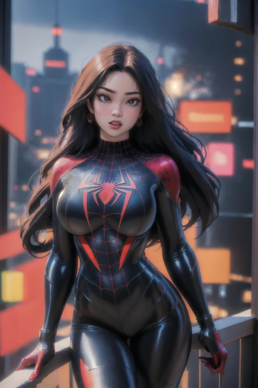 (best quality, masterpiece, colorful, dynamic angle, highest detailed) upper body photo, fashion photography of cute, intense black long hair, \asian girl\ in spiderman suit, (ultrahigh resolution textures), in dynamic pose, bokeh, glowing web, (intricate details, hyperdetailed:1.15), detailed, light passing through hair, colorful art flat background, (official art, extreme detailed, highest detailed),