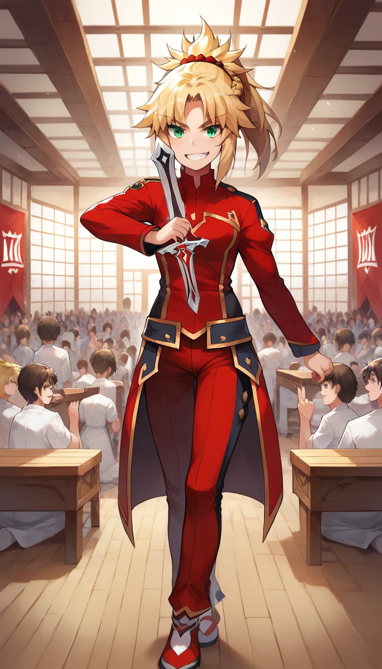 ((1 girl)), (((to know))), red sabre , mordred, destination, blonde hair, blue-green eyes,  High resolution, ultra-sharp, 8K,  masterpiece,  looking at spectator , (( masterpiece)), (( High Definition )), (( lyrics)), anime badass 8K,  better noise removal ,  The best quality, best render ,  mordred  , wearing a white and red gym suit ,  smiling with joy ,  standing in the middle of a dojo ,  young Mordred , Little Mordred , Mordred and ,  holding a sword with her left hand