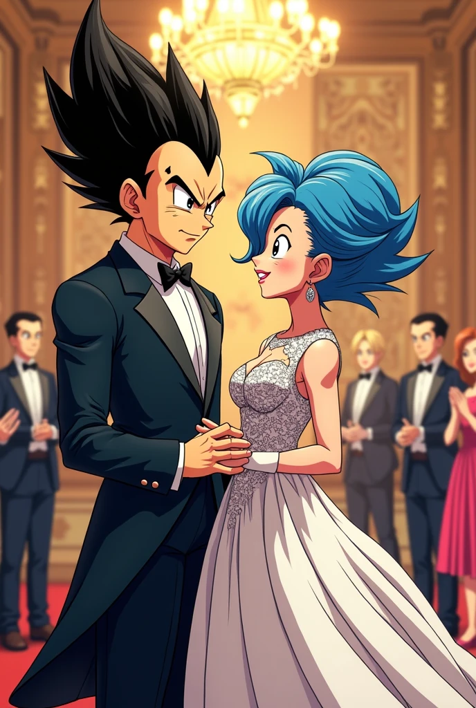 1boy1girl, goku black, black hair, black eyes, black suit, black tie, white shirt, rose, best quality, moody lighting, bar setting, determined look, looking at viewer, blurred background, masterpiece, romantic undertones, rose petals