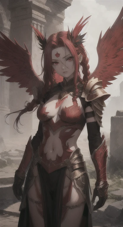 score_9, score_8_up, score_7_up, (An Anthro furry wolf girl, yellow furry body, red hair, yellow wolf tail, wolf snout, black nose, MaleniaRot, fleshy wings, covered eyes, scar, butterfly, bug, nude, prosthetic arm, prosthetic leg), naked, nipples, , majestically floating, holding a golden curved sword, simple brown background,
