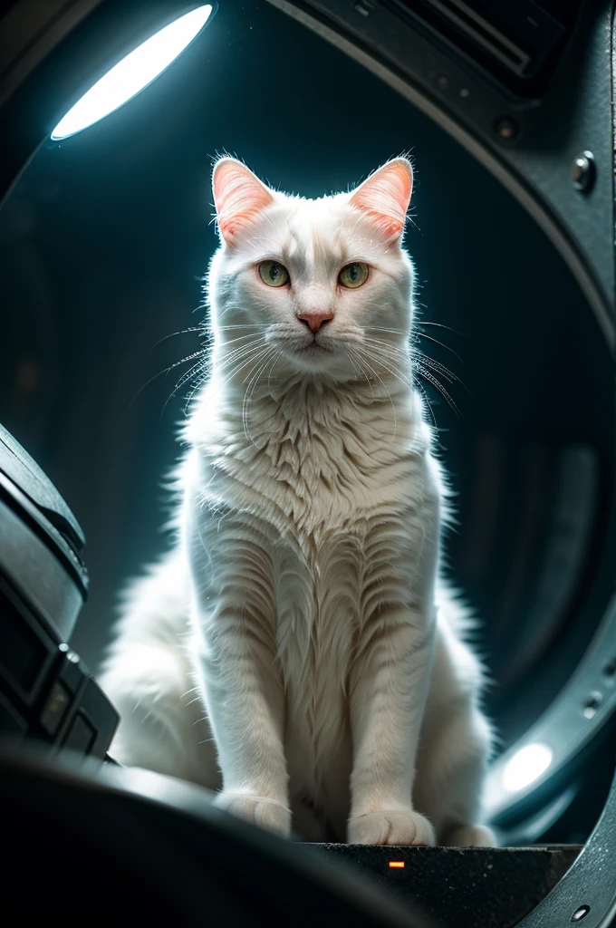 A close-up portrait of a white cat in a parallel universe, hyper detailed, cinematic, dramatic lighting, intricate sci-fi environment, neon lights, floating islands, alien architecture, glowing crystals, volumetric fog, futuristic, highly detailed, photorealistic, 8k, masterpiece, award winning, cinematic composition, dramatic angles, mood lighting, epic scale, sense of wonder, awe-inspiring