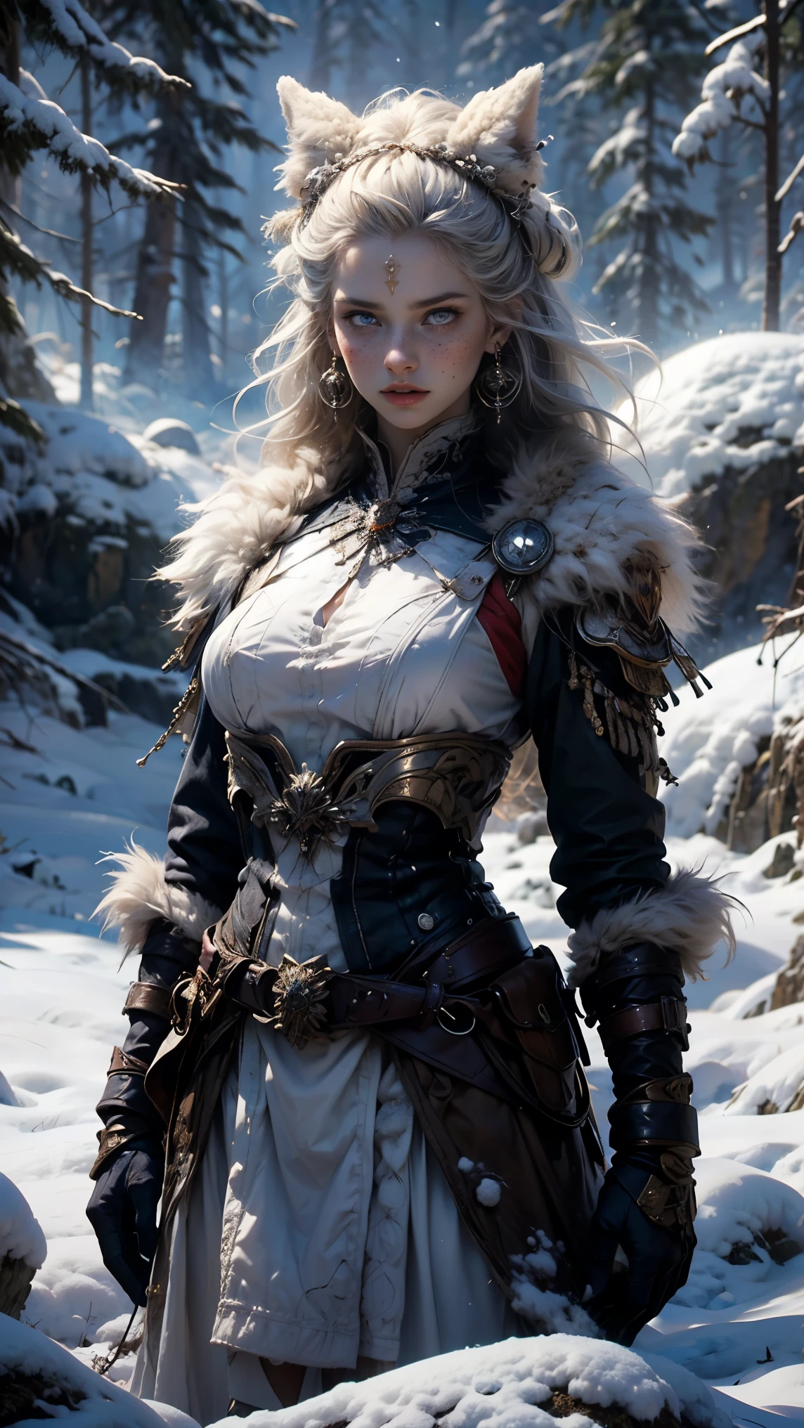 ((A woman from the snowy mountains ,  wears a sexy, white animal fur costume), (Very long platinum gray hair with dreadlocks),  with freckles and a red nose due to the intense cold , hunter pose, athletic body and tribal tattoos, disheveled gray hair, has a white wolf as a pet, fierce y leal.  is standing on an ancient rock in the snow , raytraced, wind, snowy forest landscape, (Aesthetics and atmosphere:1.2), curious, fierce, brave, bright and cyan blue eyes，Wide shot, cuerpo completo, limbs posing as a hunter. (raw photo,  photo), (realistic, photo-realistic:1.3),  masterpiece, an extremely athletic and beautiful body, extremely detailed pale body, Best quality score, ultra dynamic rage hunter pose, close up, high view, snowy forest atmosphere, angulo picado