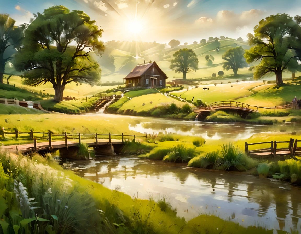 A serene pastoral landscape, a picturesque country scene, rolling hills, lush green meadows, a tranquil stream, a wooden bridge, a small cottage, a family of farmers working the land, a flock of sheep grazing peacefully, warm golden sunlight, soft hazy atmosphere, masterpiece, cinematic lighting, warm color tones, vivid colors, vibrant, serene, beautiful, idyllic