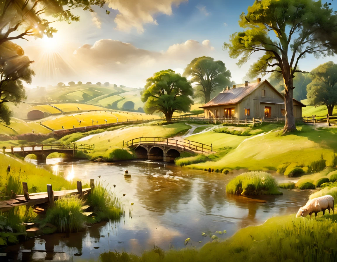 A serene pastoral landscape, a picturesque country scene, rolling hills, lush green meadows, a tranquil stream, a wooden bridge, a small cottage, a family of farmers working the land, a flock of sheep grazing peacefully, warm golden sunlight, soft hazy atmosphere, masterpiece, cinematic lighting, warm color tones, vivid colors, vibrant, serene, beautiful, idyllic