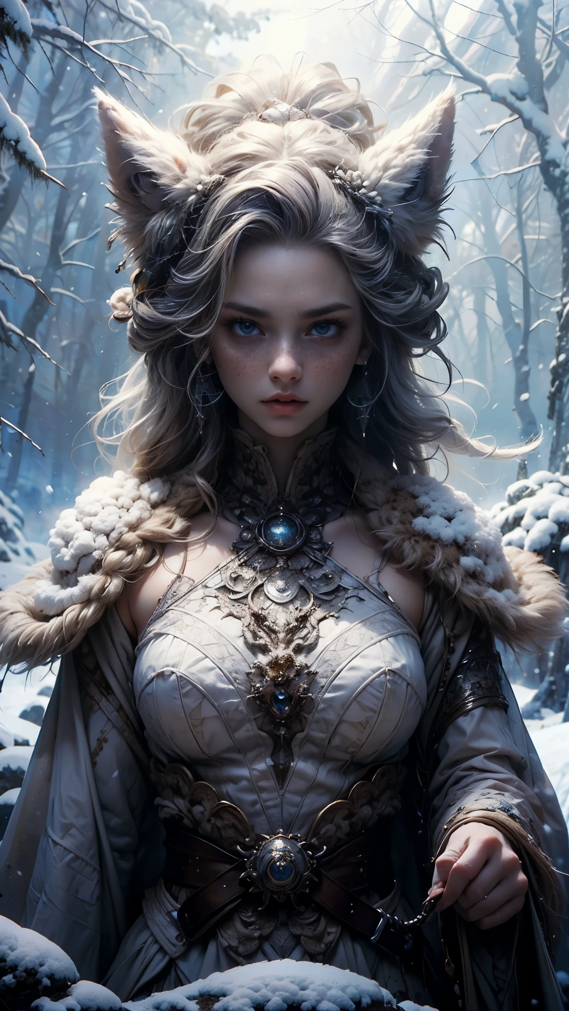 ((A woman from the snowy mountains ,  wears a sexy, white animal fur costume), (Very long platinum gray hair with dreadlocks),  with freckles and a red nose due to the intense cold , hunter pose, athletic body and tribal tattoos, disheveled gray hair, has a white wolf as a pet, fierce y leal.  is standing on an ancient rock in the snow , raytraced, wind, snowy forest landscape, (Aesthetics and atmosphere:1.2), curious, fierce, brave, bright and cyan blue eyes，Wide shot, cuerpo completo, limbs posing as a hunter. (raw photo,  photo), (realistic, photo-realistic:1.3),  masterpiece, an extremely athletic and beautiful body, extremely detailed pale body, Best quality score, ultra dynamic rage hunter pose, close up, high view, snowy forest atmosphere, angulo picado