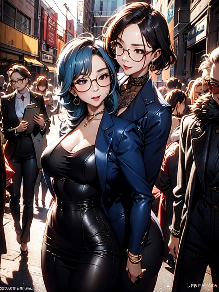 thick outlines, (vibrant shadows), deep shadows, detailed eyes, full height, (high quality), high detailed background, (realistic shadows), HD shadows, masterpiece, high detailed face, high detailed finger, older girl, ((megane)), (((dark blue hair))), ((ahoge)), (yellow eyes), ((disheveled hair)), ((short hair)), (((skinny body))), (slim waist), ((narrow hips)), skinny legs, (slender legs), medium breast, 2 girl, ((identical twins)), (twins), ((yuri)), (realistic style), curvy, busines suit, naked jacket, thight pants, thight jacket, (detailed), two tomboys, cityscape, (kissing:1.2)