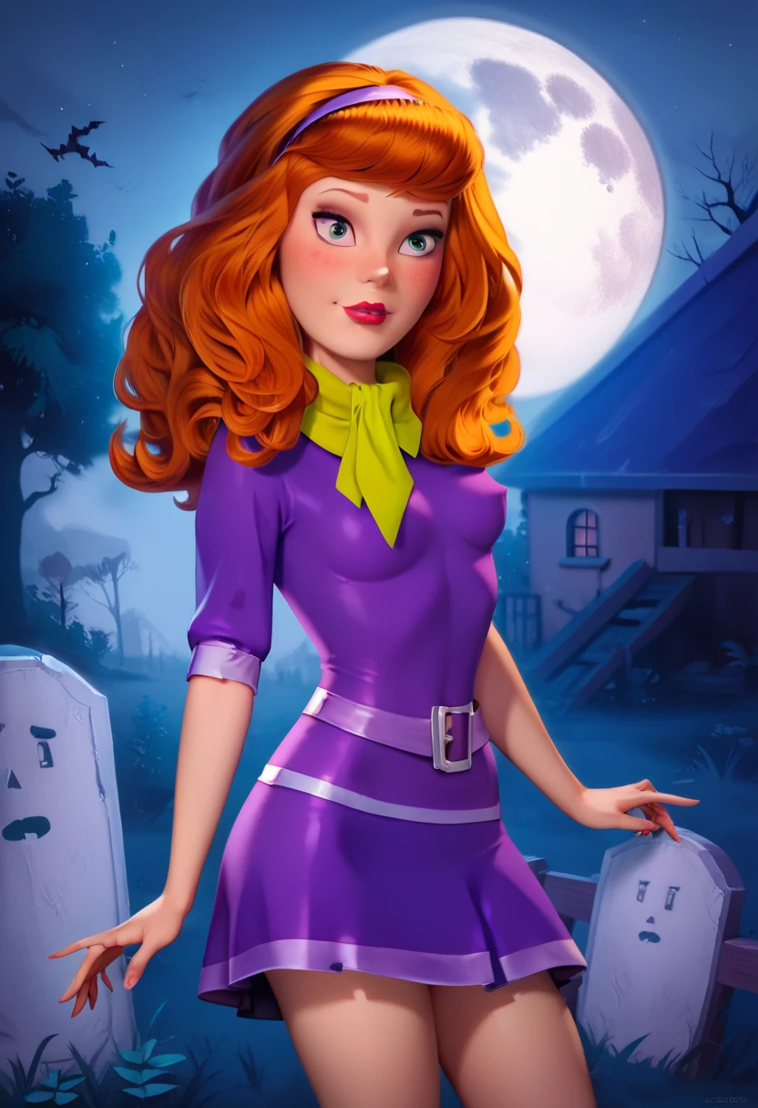 Daphne Blake-Scooby Doo ,   beautiful and delicate sexy woman  , young, Ginger hair,  violet eyes, purple mini dress, green scarf,  slim body,  small and beautiful breasts , Beautiful buttocks, Tacomes Morados , sensual, mysterious, disaster fund,  she is in a wooden house with ghosts, Dark atmosphere, full moon,   cemetery  , Evening,  High resolution,  The best quality,  very detailed,  photorealistic , realism, purple pantyhose, upskirt, NSFW, cuerpo completo,  Pixar style,  cute legs, sexy, 