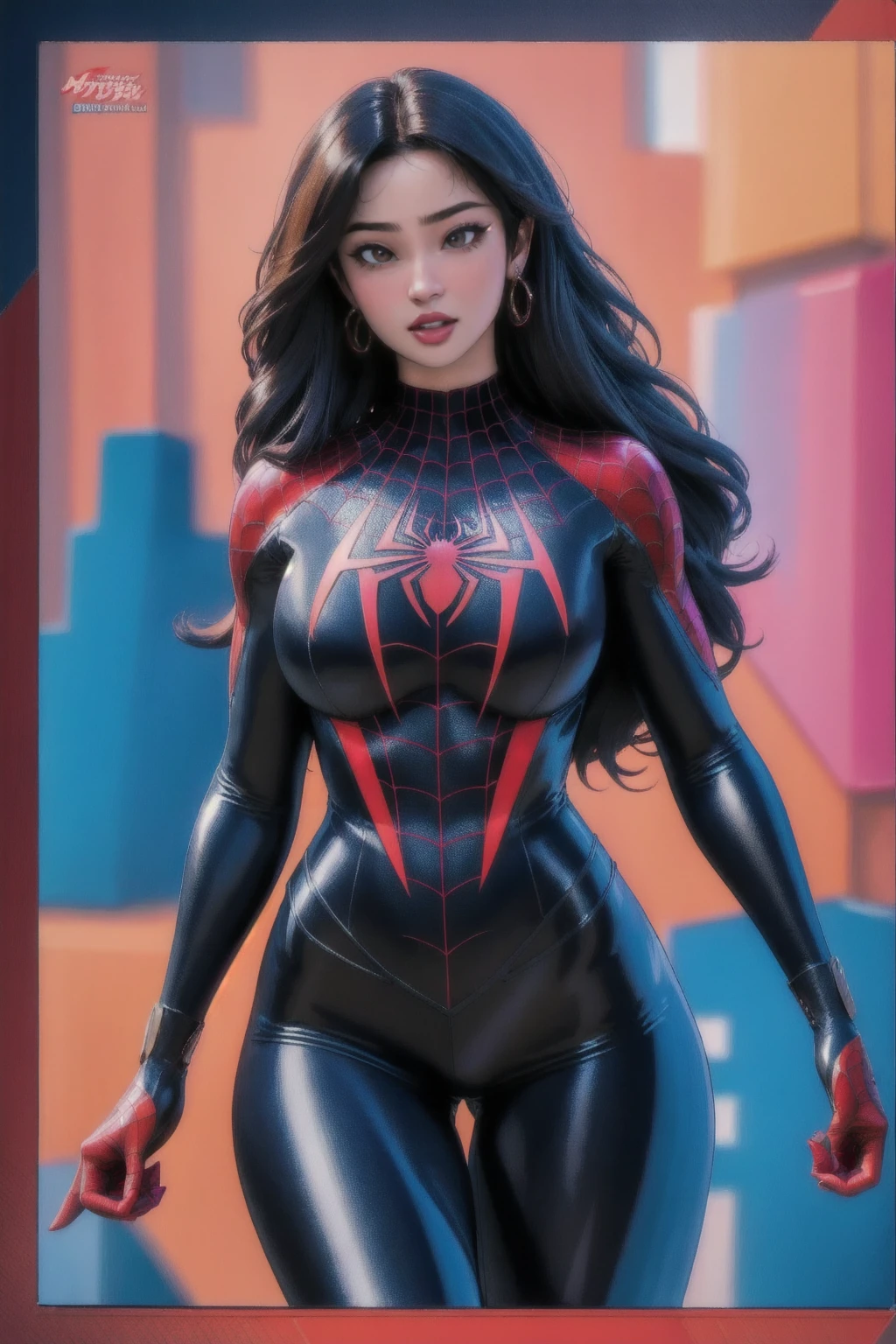 (best quality, masterpiece, colorful, dynamic angle, highest detailed) upper body photo, fashion photography of cute, intense black long hair, \asian girl\ in spiderman suit, (ultrahigh resolution textures), in dynamic pose, bokeh, glowing web, (intricate details, hyperdetailed:1.15), detailed, light passing through hair, colorful art flat background, (official art, extreme detailed, highest detailed), backwards, looking back