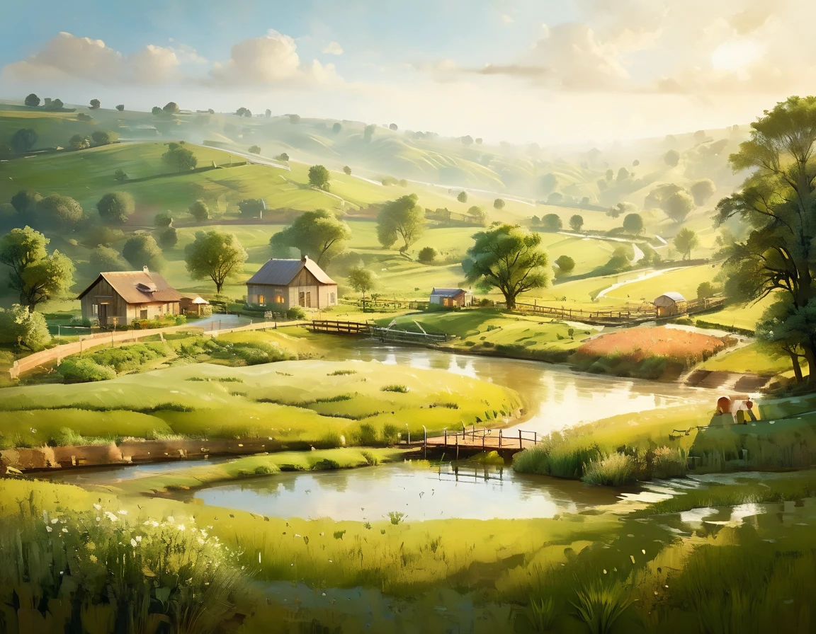 A serene pastoral landscape, a picturesque country scene, rolling hills, lush green meadows, a tranquil stream, a wooden bridge, a small cottage, a family of farmers working the land, a flock of sheep grazing peacefully, warm golden sunlight, soft hazy atmosphere, masterpiece, cinematic lighting, warm color tones, vivid colors, vibrant, serene, beautiful, idyllic