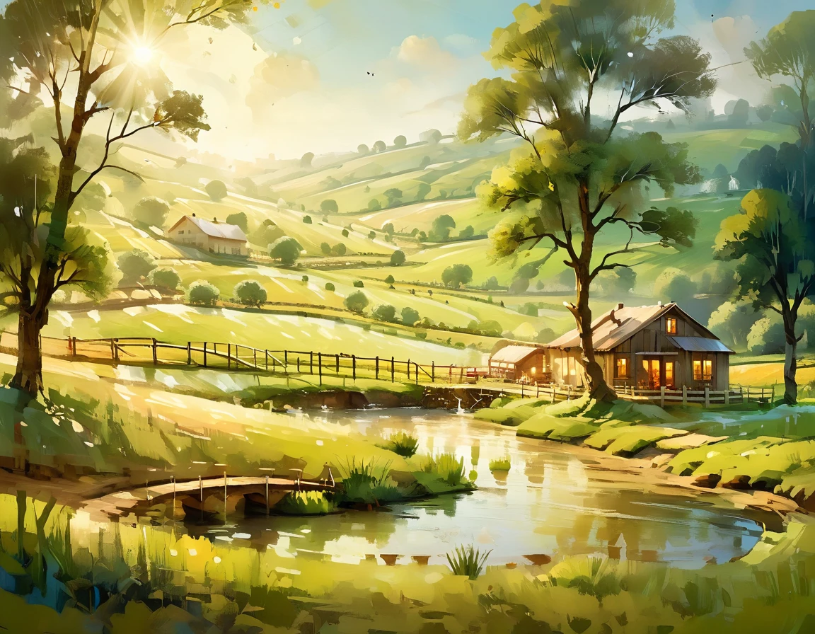 A serene pastoral landscape, a picturesque country scene, rolling hills, lush green meadows, a tranquil stream, a wooden bridge, a small cottage, a family of farmers working the land, a flock of sheep grazing peacefully, warm golden sunlight, soft hazy atmosphere, masterpiece, cinematic lighting, warm color tones, vivid colors, vibrant, serene, beautiful, idyllic