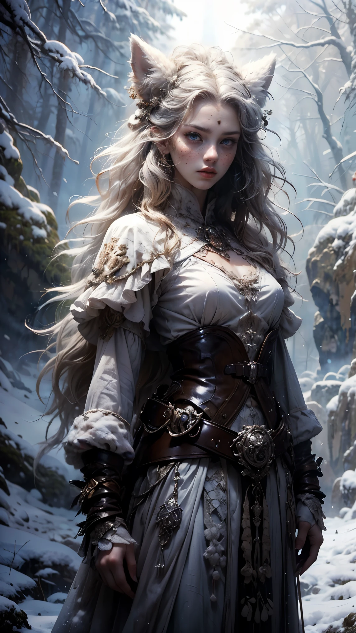 ((A woman from the snowy mountains ,  wears a sexy, white animal fur costume), (Very long platinum gray hair with dreadlocks),  with freckles and a red nose due to the intense cold , hunter pose, athletic body and tribal tattoos, disheveled gray hair, has a white wolf as a pet next to her, fierce y leal.  is standing on an ancient rock in the snow , raytraced, wind, snowy forest landscape, (Aesthetics and atmosphere:1.2), curious, fierce, brave, bright and cyan blue eyes，Wide shot, cuerpo completo, limbs posing as a hunter. (raw photo,  photo), (realistic, photo-realistic:1.3),  masterpiece, an extremely athletic and beautiful body, extremely detailed pale body, Best quality score, ultra dynamic rage hunter pose, close up, high view, snowy forest atmosphere, angulo picado, hunter pose, has a white wolf as a pet next to her, both pose as hunters