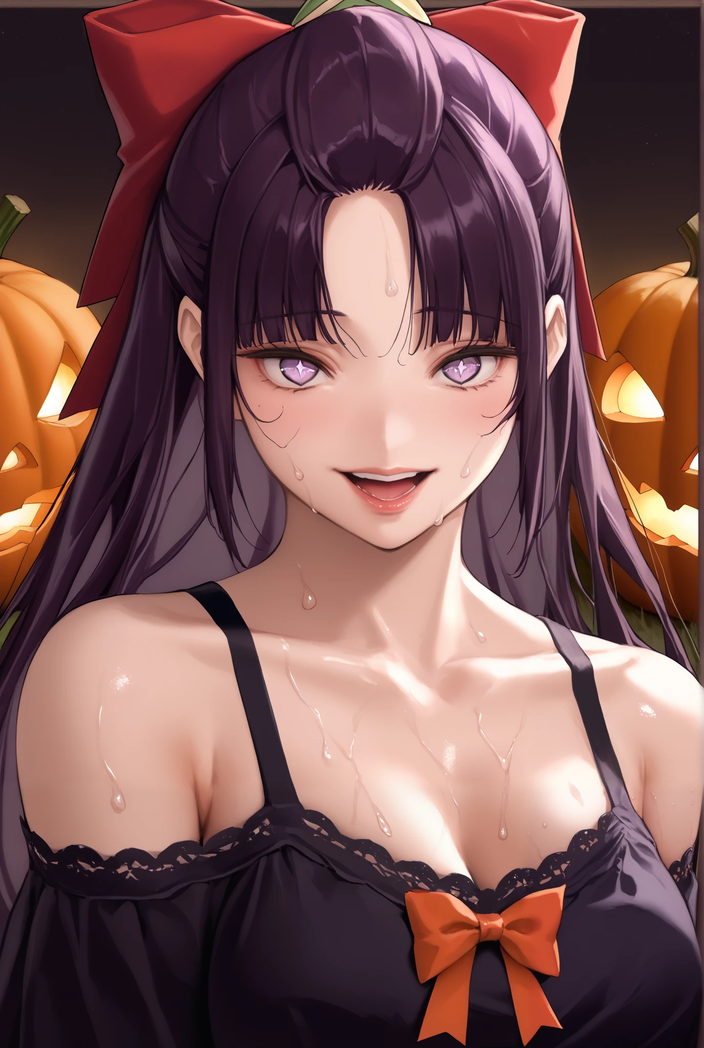 takahiro_style, score_9, score_8_up, score_7_up, score_6_up, uncensored, SHIKOKU_(MATO_SEIHEI_NO_SLAVE), purple hair, purple eyes, slit pupils, long hair, hair bow, red bow, parted bangs, ribbon trim, half updo hair, straight hair, medium breasts, BREAK (perfect hands, perfect anatomy), beautiful detailed eyes, beautiful detailed lips, extremely detailed face and portrait, elegant expression, soft warm lighting, volumetric lighting, cinematic composition, detailed environment, lush garden, vibrant colors, intricate details, masterpiece, high resolution, digital painting, excessive sweating, sweating profusely, sweating drop, gasping, heavy breathing, bright pupils BREAK, 1girl, breasts, cleavage, solo, blush, smile, looking_at_viewer, bare_shoulders, makeup, open_mouth, collarbone, black_skirt, skirt, jack-o'-lantern, halloween, dress, thighs, off_shoulder, pumpkin, 