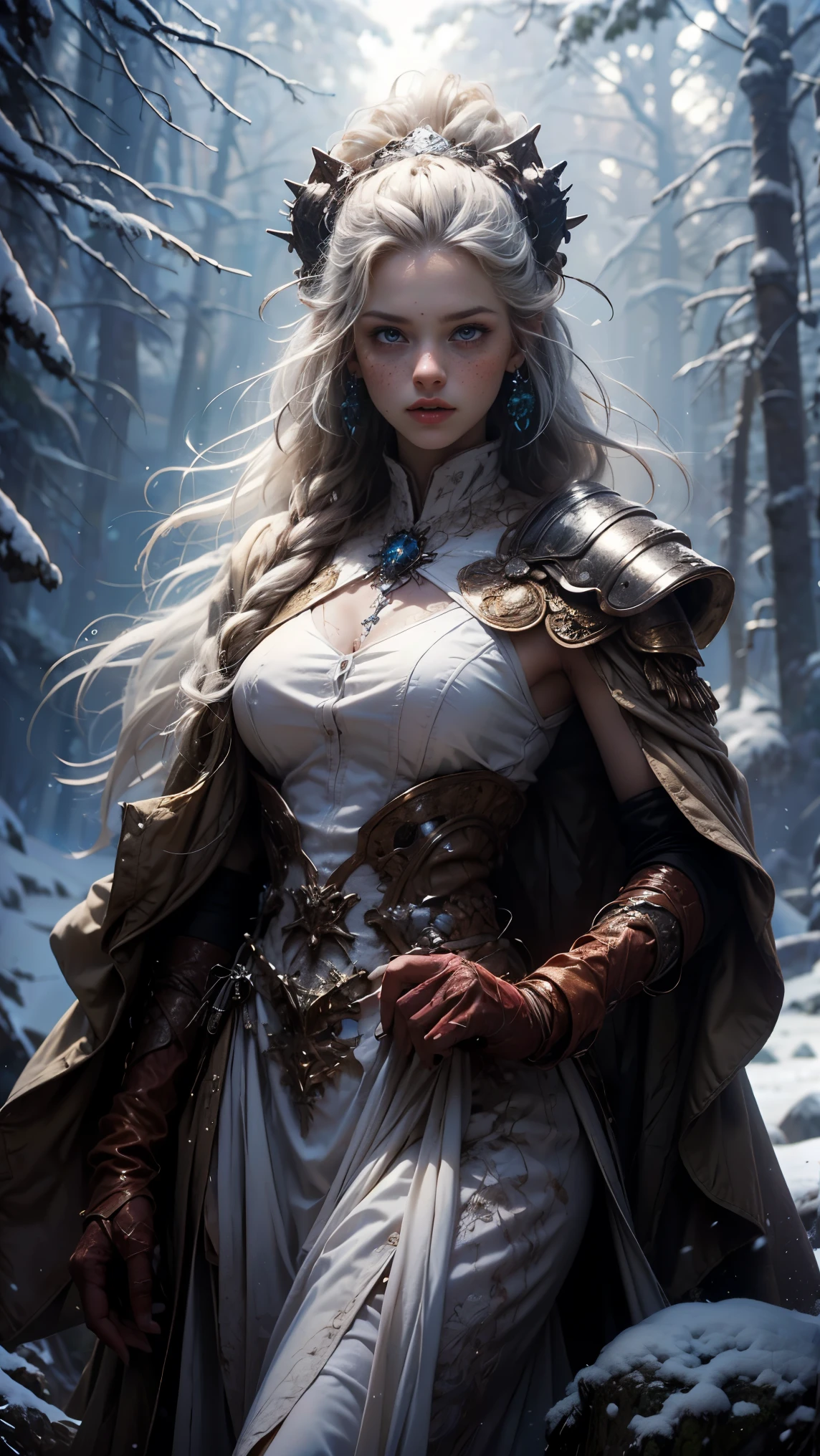 ((A woman from the snowy mountains ,  wears a sexy, white animal fur costume), (Very long platinum gray hair with dreadlocks),  with freckles and a red nose due to the intense cold , hunter pose, athletic body and tribal tattoos, disheveled gray hair, has a white wolf as a pet, fierce y leal.  is standing on an ancient rock in the snow , raytraced, wind, snowy forest landscape, (Aesthetics and atmosphere:1.2), curious, fierce, brave, bright and cyan blue eyes，Wide shot, cuerpo completo, limbs posing as a hunter. (raw photo,  photo), (realistic, photo-realistic:1.3),  masterpiece, an extremely athletic and beautiful body, extremely detailed pale body, Best quality score, ultra dynamic rage hunter pose, close up, high view, snowy forest atmosphere, angulo picado