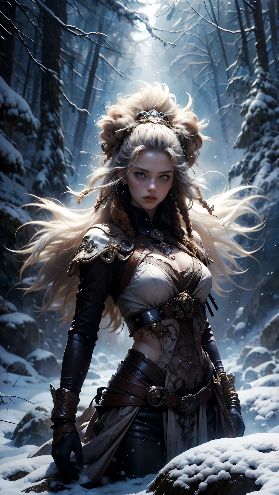 ((A woman from the snowy mountains ,  wears a sexy, white animal fur costume), (Very long platinum gray hair with dreadlocks),  with freckles and a red nose due to the intense cold , hunter pose, athletic body and tribal tattoos, disheveled gray hair, has a white wolf as a pet, fierce y leal.  is standing on an ancient rock in the snow , raytraced, wind, snowy forest landscape, (Aesthetics and atmosphere:1.2), curious, fierce, brave, bright and cyan blue eyes，Wide shot, cuerpo completo, limbs posing as a hunter. (raw photo,  photo), (realistic, photo-realistic:1.3),  masterpiece, an extremely athletic and beautiful body, extremely detailed pale body, Best quality score, ultra dynamic rage hunter pose, close up, high view, snowy forest atmosphere, angulo picado