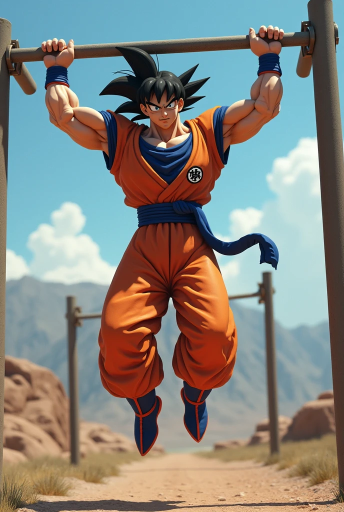 Goku doing calisthenics on bars - SeaArt AI