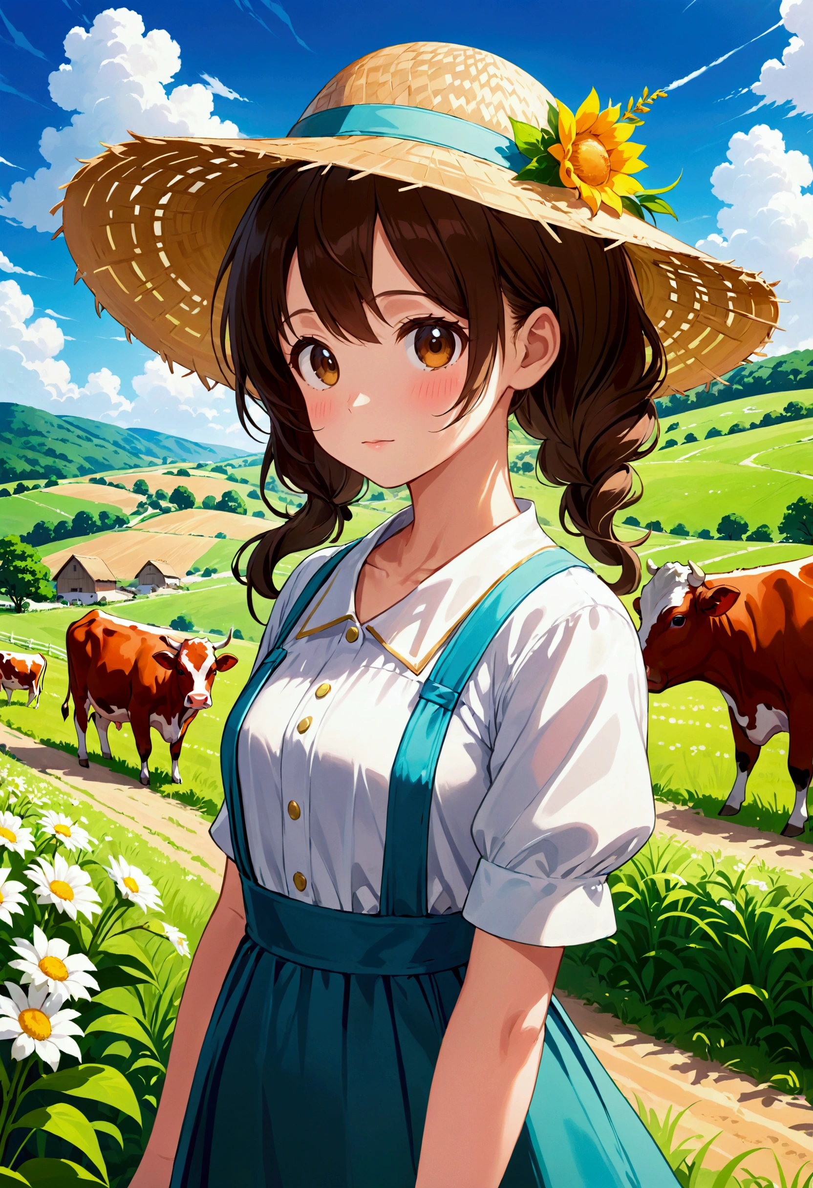 Theme：Pastoral Idyll, anime illustration, Cow with straw hat, Farmer, 