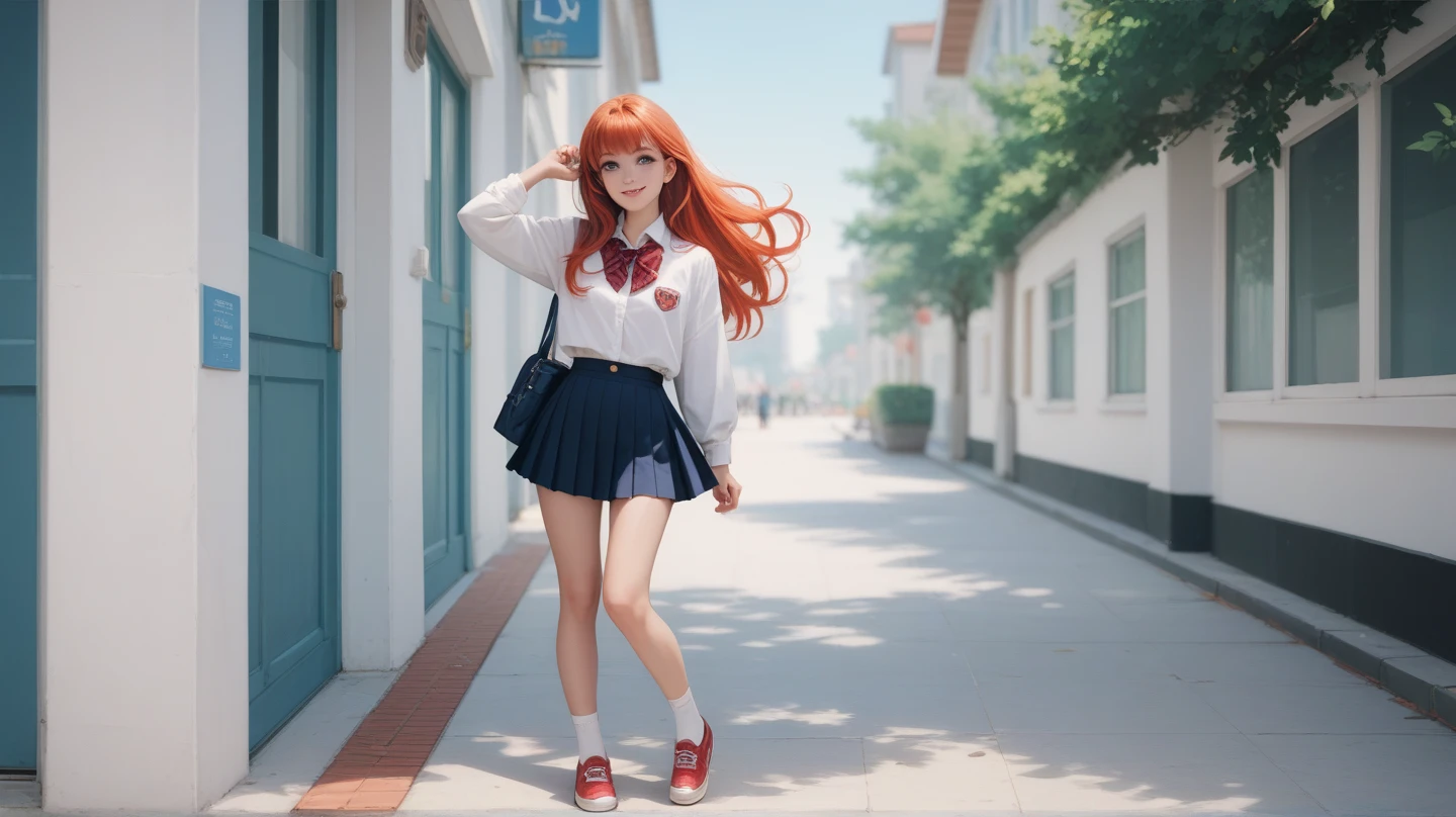 1980s,, girl,High school girl, Full Body Style ,Short skirt, long hair, cute,