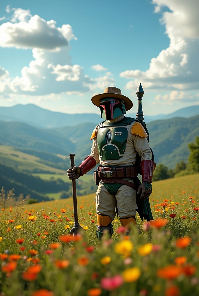 A serene countryside landscape with rolling hills and lush greenery, featuring a realistic farmer resembling Django Fett, wearing a weathered hat and holding a pitchfork, under a bright blue sky with fluffy white clouds, vibrant flowers in the foreground, warm sunlight illuminating the scene, 4k resolution, highly detailed.、masterpiece,best quality,ultra detailed,8k portrait,highly detailed,highly detailed background